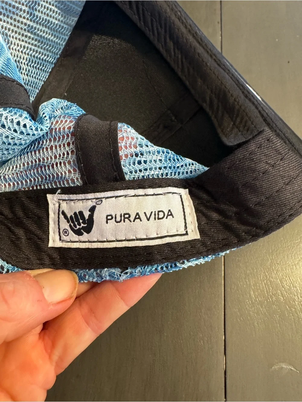 NWOT Pura Vida black & blue trucker hat, blue tie-dye mesh, adjustable band.